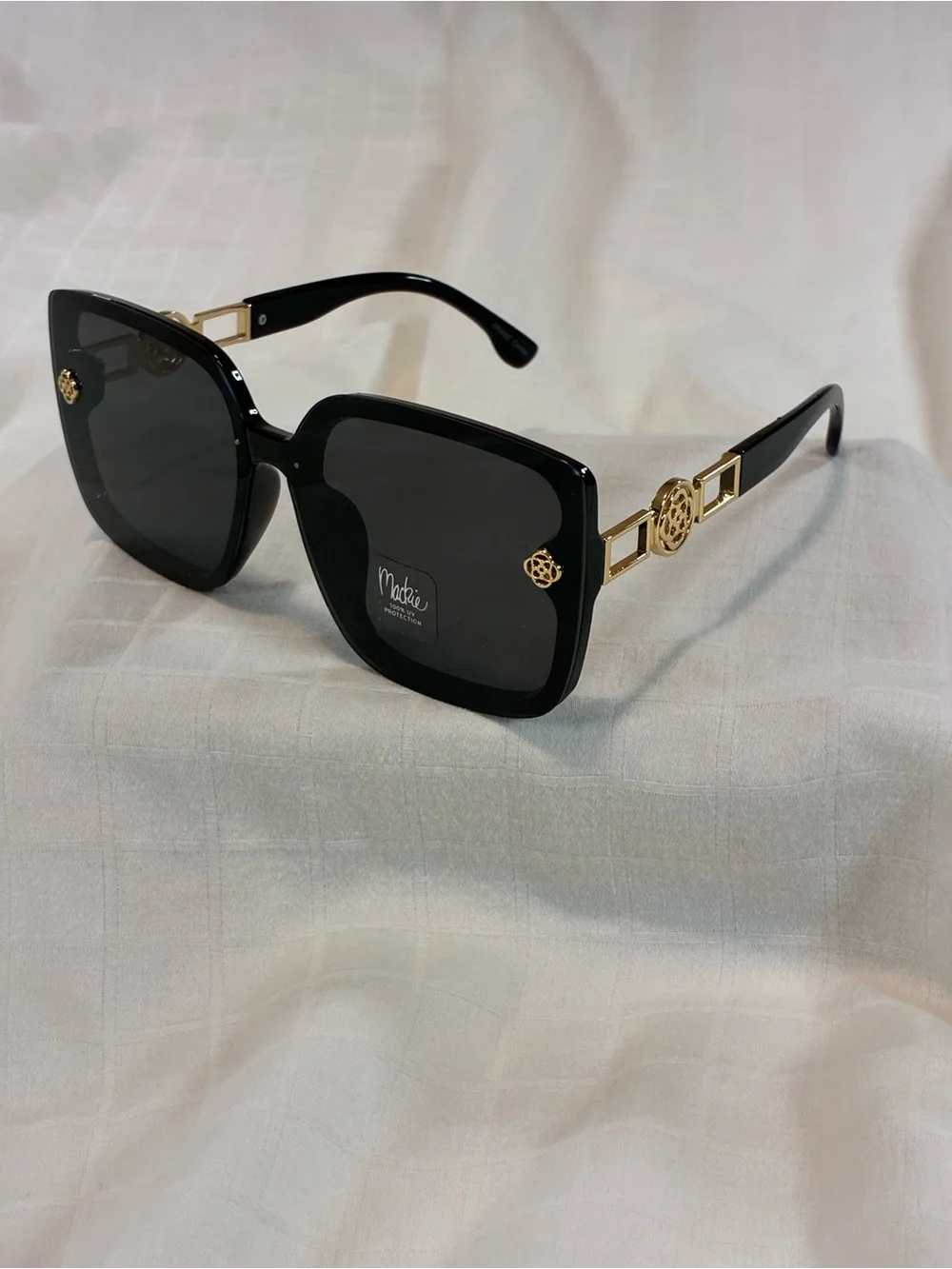 Makie Black Square Sunglasses with Gold Emblem Accents